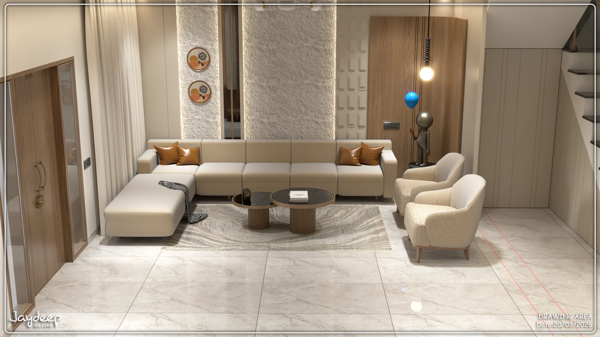 Neutral living room with curved seating